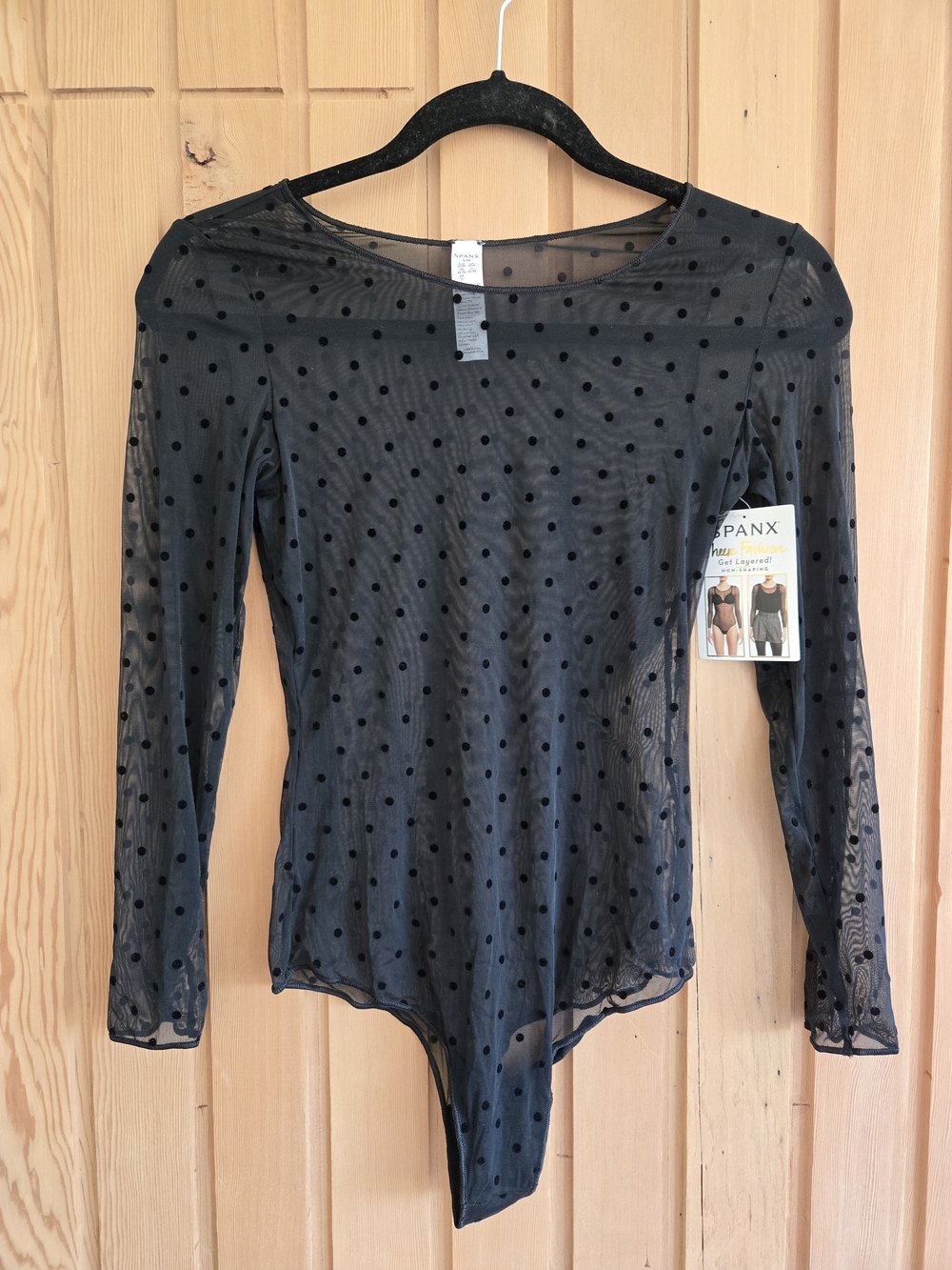 NWT | SPANX Black Sheer Polka Dot Long-Sleeve Bodysuit | Size L